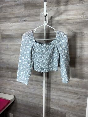 Fashion Nova Powder Blue Eyelet Smocked Puff-Sleeve Crop Top 2143